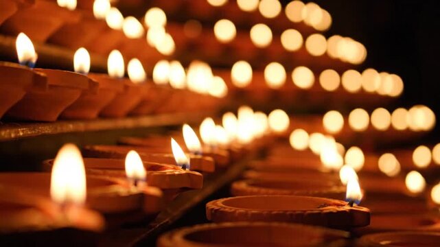 A stunning close-up of countless glowing clay oil lamps, known as diyas, arranged in neat rows for the traditional Hindu festival of Diwali, symbolizing the triumph of light and goodness