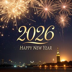 A stunning Happy New Year 2026 poster with glowing golden fireworks, glittering lights, and elegant typography on a dark night sky background, modern festive design, luxury celebration style, digital 