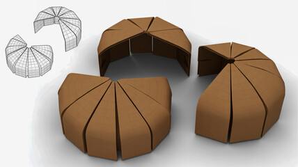 Folded Cardboard Structures with Wireframe Views and Geometric Panels image photo