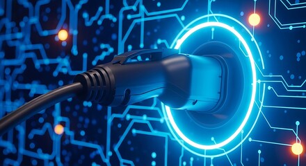Electric car charging plug inserted into a glowing blue socket with digital circuit background