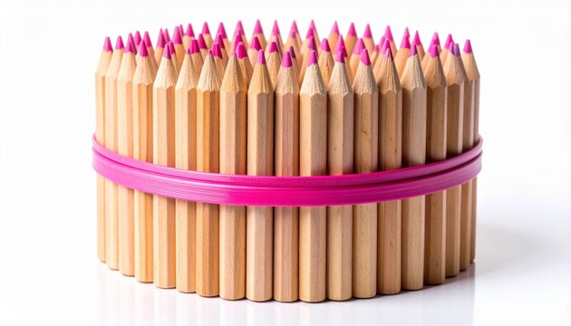 Close-Up of Stacked Wood Colored Pencils Wrapped with Pink Elastic Band