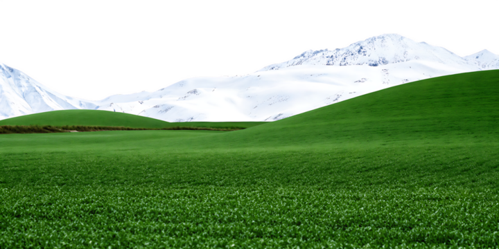 Lush green rolling hills meet snow capped mountains isolated on a transparent background