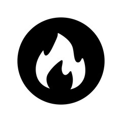 Minimalist flat vector icon of a flame inside a circle, symbolizing fire, energy, and heat. Perfect for safety signs, hazard labels, energy concepts, or warmth-related designs, simple and modern.