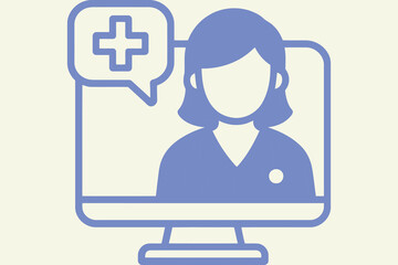 Doctor on computer screen with medical cross in speech bubble for telemedicine consultation