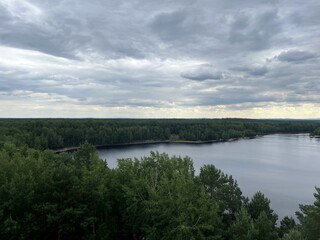 Fototapeta premium Scenic view of a calm river surrounded by green forest under a cloudy sky. Peaceful natural landscape perfect for concepts of tranquility, ecology, and outdoor adventure.