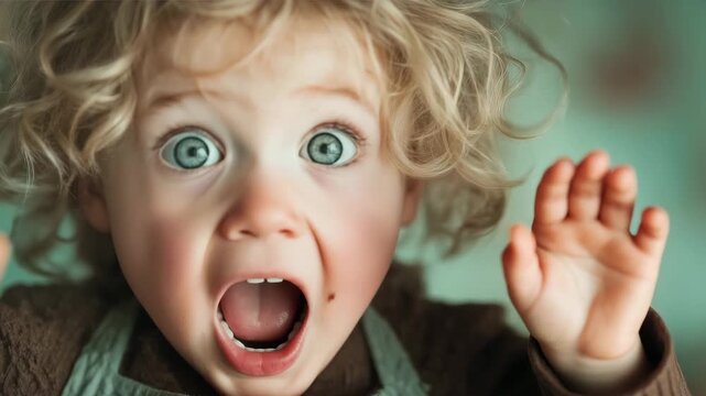 A shocked toddler's face in extreme close-up. A cute kid with wide blue eyes gasps in surprise and fear. Dramatic childhood emotional reaction