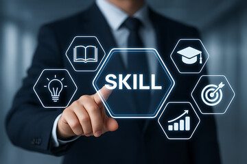 A businessman is pointing to a glowing blue hexagon with skill surrounded by icons illustrating professional development and competency acquisition through learning and targeted training programs