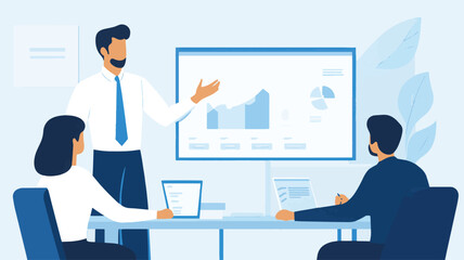 Business presentation with team meeting and chart on screen
