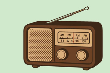 Vintage retro brown transistor radio with extended antenna and tuning dial on a light green background