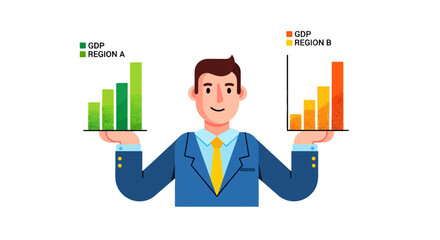 Businessman Holds Rising And Falling Bar Charts Indicating Success Or Failure In Strategy