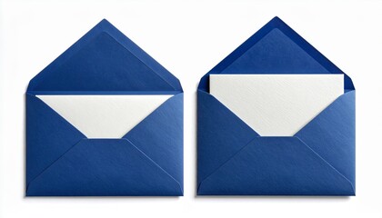 Two Open Royal Blue Envelopes with White Cards on White Background