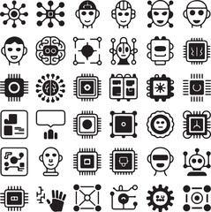 Artificial intelligence icons set. Vector illustration. Black on white.