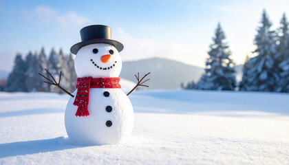 Fototapeta premium Merry christmas and happy new year greeting card with copy-space.Happy snowman standing in christmas landscape.Snow background.Winter fairytale