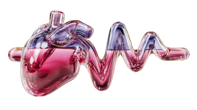 3D Glass Heart with Fluid ECG Waveform | Abstract Cardiology and Digital Health Concept, Isolated on transparent background