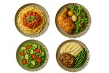 Various meals set, including spaghetti, roasted chicken, side salad, salisbury steak, mashed potatoes, green beans