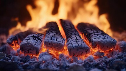 A close-up shot of wooden logs being consumed by flames, with sparks and smoke filling the air