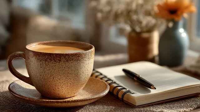 A steaming cup of coffee next to an open notebook and pen. Cozy morning scene with warm sunlight for journaling. Quiet relaxation and inspiration concept with a cinemagraph effect
