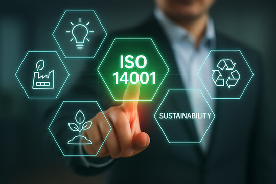 A businessman is touching a glowing green hexagon with iso 14001 surrounded by environmental management icons highlighting sustainability certification and corporate responsibility