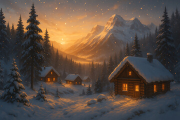 Fototapeta premium Cozy Wooden Cabins Glowing Warmly in Snowy Mountain Valley under Golden Winter Sunset
