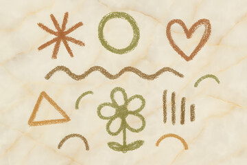 Hand drawn crayon doodle set on marble background featuring sun, circle, heart, flower, triangle and other shapes for creative projects