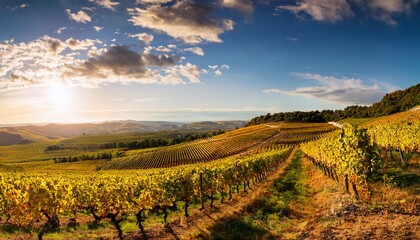 Rolling Hills Of Vineyards Bathed In Golden Sunlight Rows Of Grapevines Stretching To The Horizon A Picturesque Winery Scene At Harvest Time Grape Leaves Clouds