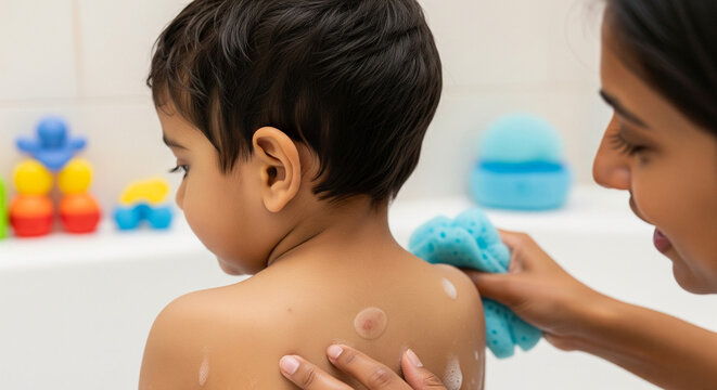 Tender moment of a loving South Asian mother gently washing her toddler son's back with a soapy sponge during bath time