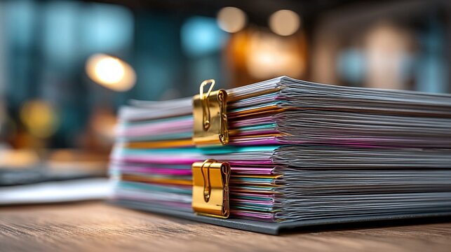 A stack of documents held together by two golden binder clips on a wooden desk.