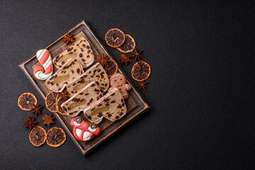 Stollen, a German Christmas pastry for the winter holidays. Stollen as a food background