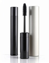 Obraz premium Black Mascara Tube with Spiral Brush on White Reflective Surface Still Life