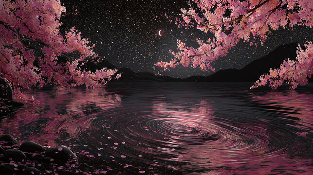 Cherry blossoms over lake with crescent moon - Powered by Adobe