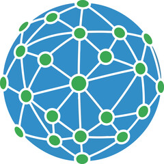 Blue globe with green dots and lines representing global network, connection, and communication