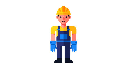 A Constructor Standing Front Facing With Yellow Helmet And Blue Overalls