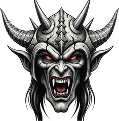 Demonic fantasy face, glowing red eyes, sharp fangs, horned helmet, dark hair, fierce creature, vector illustration, mythical digital design