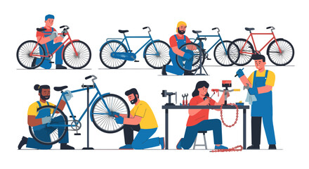 Bicycle Mechanics At Work Fixing and Repairing, Vector Illustrative Flat Design