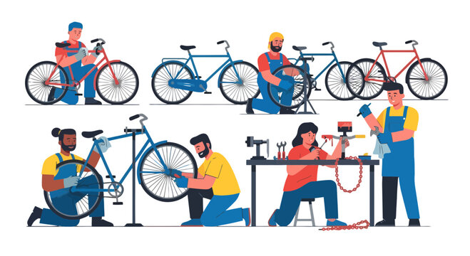 Bicycle Mechanics At Work Fixing and Repairing, Vector Illustrative Flat Design