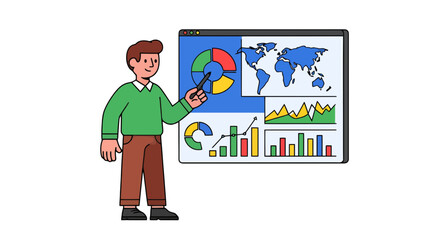Business Analyst Presenting Data Analytics and Global Statistics on Visual Screen