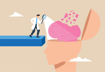 Doctor examines amnesia patient brain using magnifying glass, illustrating memory loss, dementia disorders and alzheimer disease. Concept of mental illnesses, psychology and anxiety
