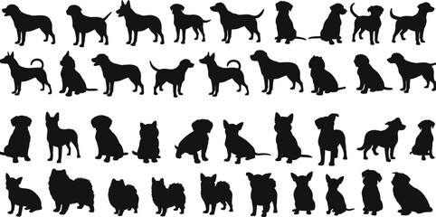 Dog breed silhouette set, diverse canine profiles in rows, flat vector illustration, cad drawing, black and white pet design