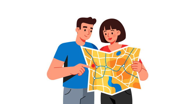 Couple Exploring A Map, Planning A Journey And Navigating For A Vacation Adventure