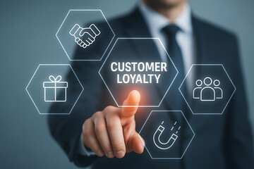 Customer loyalty business concept with businessman touching central text on a futuristic glowing hexagonal screen surrounded by icons for handshake, gift, group of people, and magnet attraction