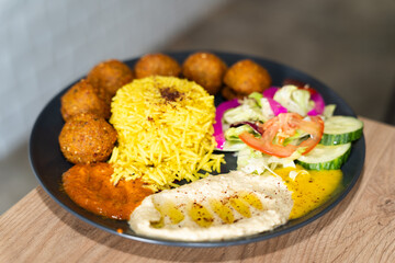Falafel Plate with Yellow Rice and Hummus
