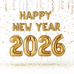 Golden balloon "happy new year 2026" text with festive confetti celebration