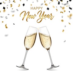 Happy new year celebration with champagne glasses and falling confetti festive toast