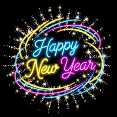 Vibrant neon happy new year greeting with sparkle and celebration lights