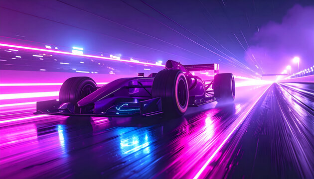race car speeding on a wet track at night, dramatically illuminated by neon pink and blue light trails.