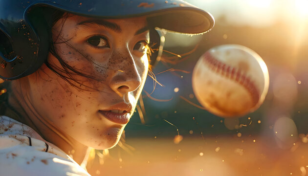 An intense, dramatic close-up of a female softball or baseball batter, covered in dirt, wearing a helmet, with a focused expression as a fast-moving ball approaches in a golden-hour glow.