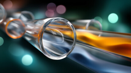 Defocused render showing liquid flow in transparent pipes, warm-to-cool gradients softly glowing in abstract harmony, with copy space.