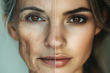 A portrait split a woman showing old and youth age. Generative AI.