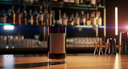 A glass bottle of whiskey with a blank label stands on a wooden bar counter, with a variety of liquor bottles blurred in the background.