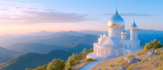 A white building with gold domes sits on a hill